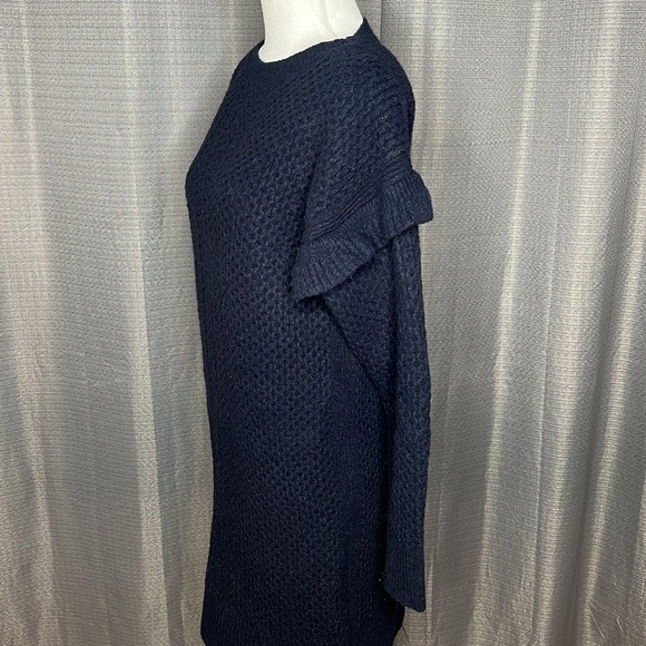 J. CREW XS DARK BLUE KNIT SWEATER DRESS WITH RUFFLE ON SLEEVES - Picture 4 of 7
